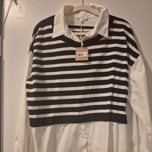 Blu Pepper Striped Layered Button-Down Shirt – Black/White – NWT - Picture 1 of 4